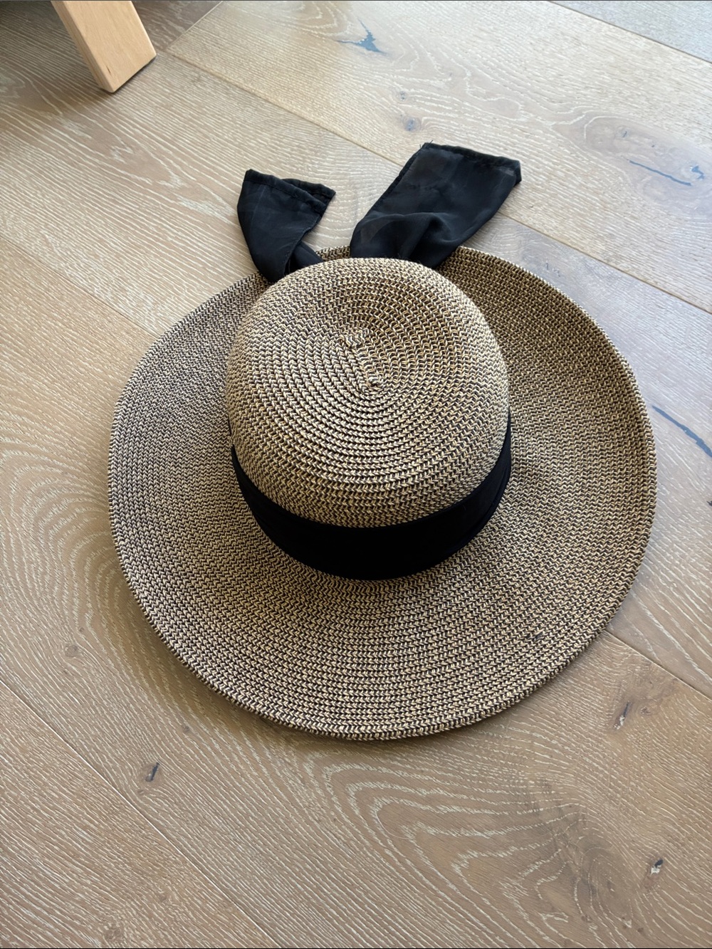 Elegant Tan Straw Sun Hat with Black Ribbon